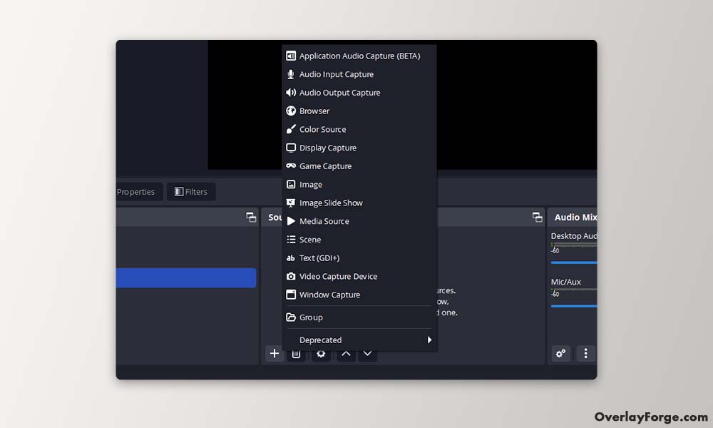 Showing all available sources in OBS Studio.