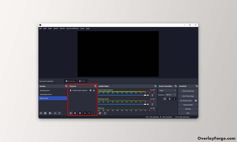 Shows where you can find the Sources Panel inside OBS Studio.